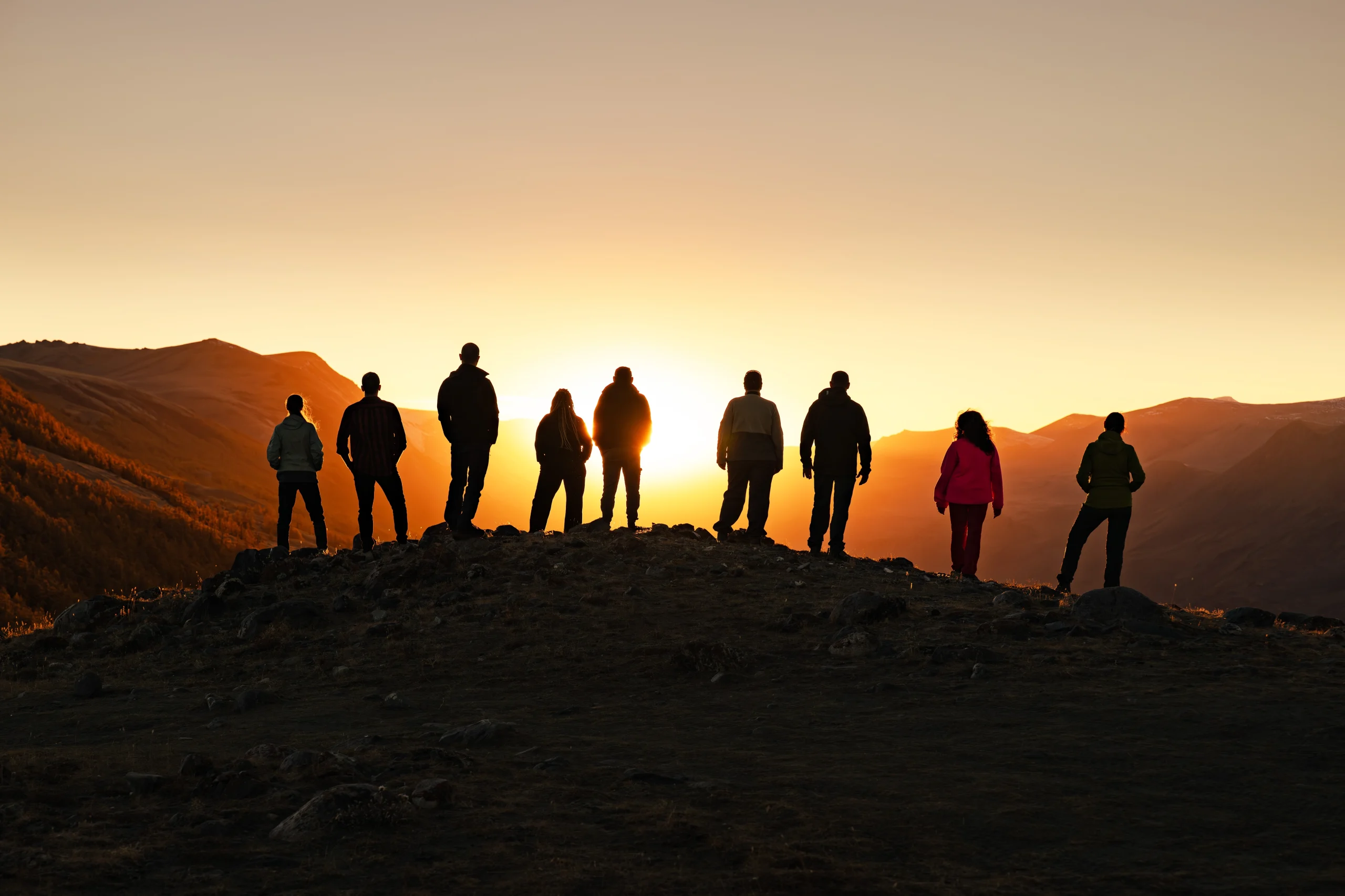 Silhouette of team standing on mountain with sunsetting in the background